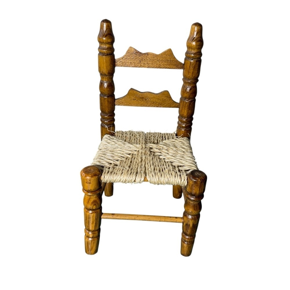 Vintage Toy Mini Wood Doll Chair Jute Seat  9" High